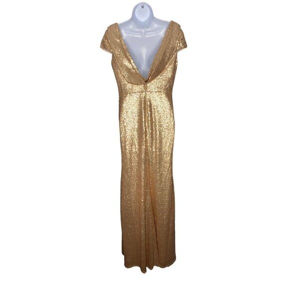 DESSY COLLECTION Cap Sleeve Cowl-back Sequin Gown Front Slit In Rose Gold Sz 6R - Picture 4 of 9